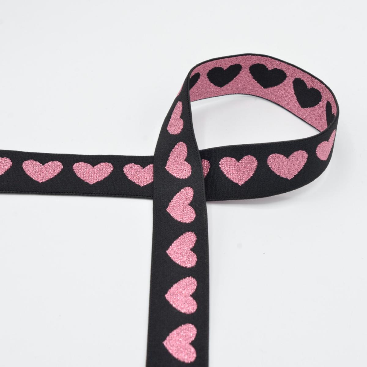 Gummiband mit Herzen - schwarz rosa 25mm Gummiband mit Herzen - schwarz rosa 25mm