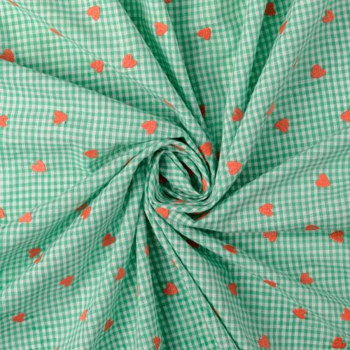 Baumwoll Voile kariert mint mit gestickten Herzen in Koralle