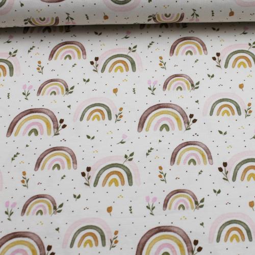 Weicher Jersey Stoff mit Regenbogen Motiv in Naturtönen