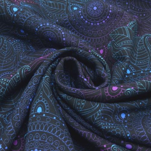 Schwarzer Baumwoll-Canvas mit Mandalas in Blau, Lila und Türkis