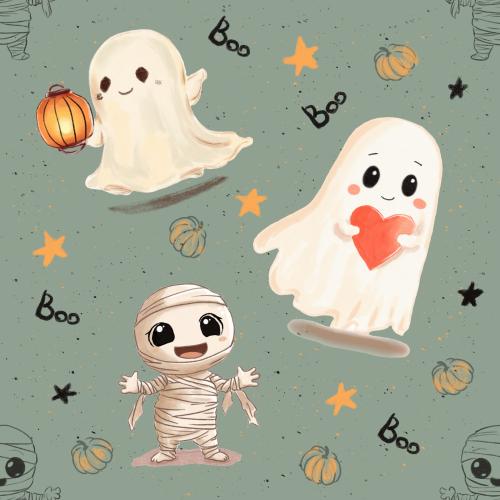 Halloween Stoff Spooky Friends mit niedlichen Geistern, Mumie, Kürbissen und Boo auf graugrünem Hintergrund