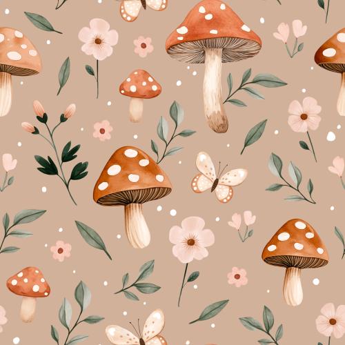 Pilz Stoff Pilzgeflüster Taupe mit Fliegenpilzen, rosa Blumen, Schmetterlingen und grünen Zweigen