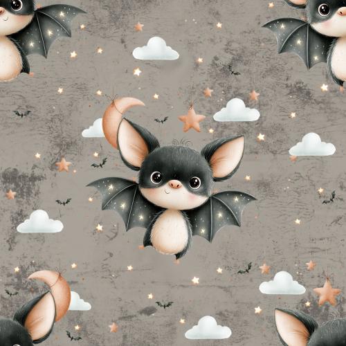 Fledermaus Stoff Finni mit niedlicher schwarzer Fledermaus, Sternen, Wolken und Mond auf grauem Hintergrund