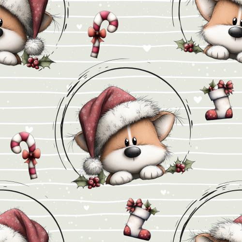 Weihnachtsfuchs – Strandgutraeuber Eigenproduktion mit niedlichem Fuchs, Weihnachtsmütze, Zuckerstangen, Weihnachtsstrümpfen und Stechpalme auf graugrünem Grund.