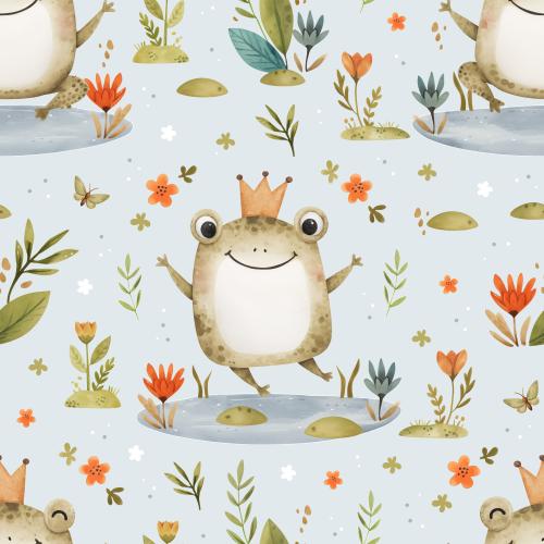 Froschkönig auf hellblauem Hintergrund mit Blumen und Teich – Bio Jersey und Bio French Terry Eigenproduktion