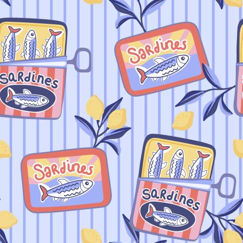 Sardinenliebe Veilchenblau Bio Jersey und Bio French Terry mit Sardinendosen und Zitronen