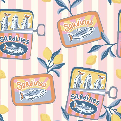 Sardinenliebe Veilchenblau Bio Jersey und Bio French Terry mit Sardinendosen und Zitronen