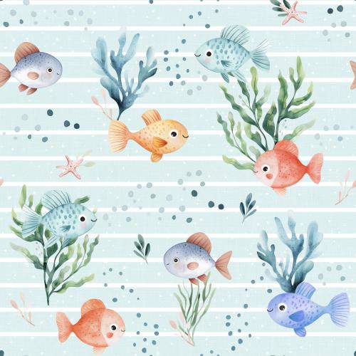 Unterwasserfreunde Hellblau Bio Jersey und Bio French Terry mit bunten Fischen und Wasserpflanzen