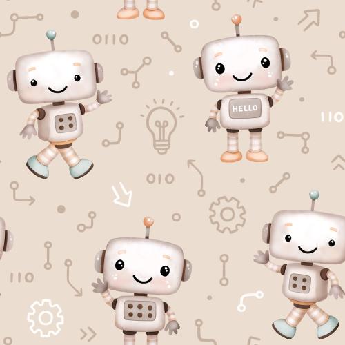 Roboterfreunde beige Bio Jersey und Bio French Terry mit niedlichen Robotern und technischen Symbolen