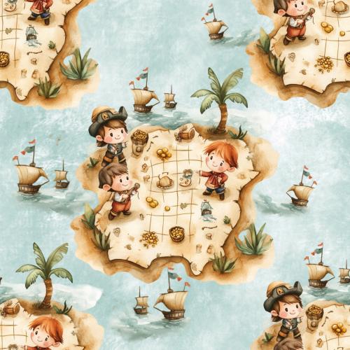 Treasure Island Bio Jersey und Bio French Terry mit Piraten, Schatzinsel und Segelschiffen