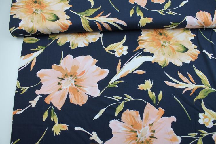 Viskose Twill "Big Flower" nachtblau Blumen apricot