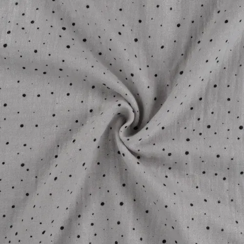 Musselin drapiert Schimmer silbergrau mit schwarzen Punkten