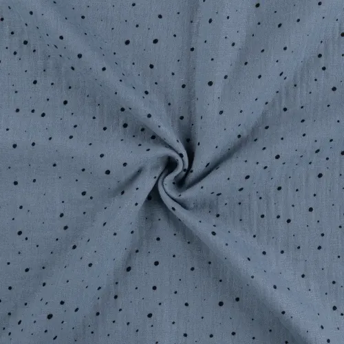 Musselin drapiert Schimmer rauchblau mit schwarzen Punkten