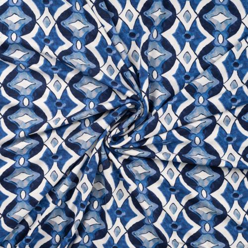 Viskosejersey mit Ethno-Muster in Blau und Weiß