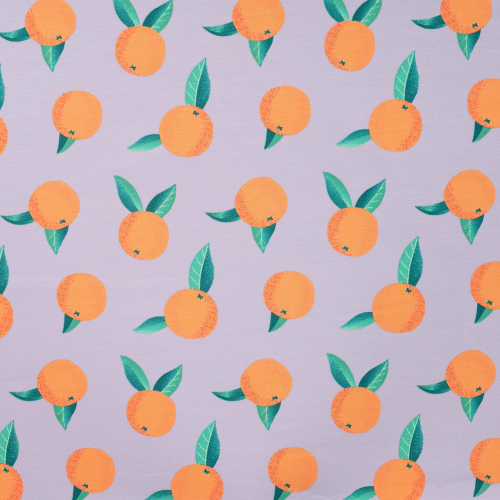French Terry Orangen Flieder Sommersweat mit Orangen und Zitronen als Meterware