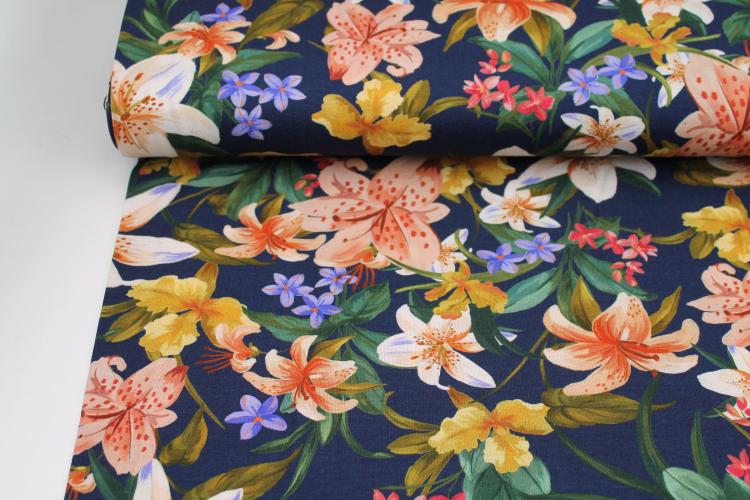 Viskosejersey "Hibiskus" blau