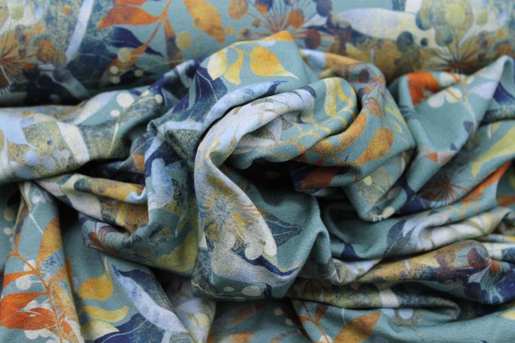 Viskosejersey „Herbstblau" Blätter und Blüten