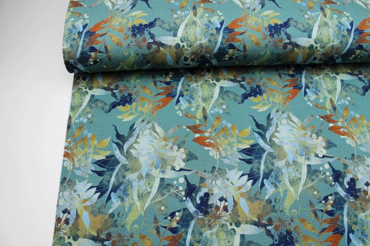 Viskosejersey „Herbstblau" Blätter und Blüten