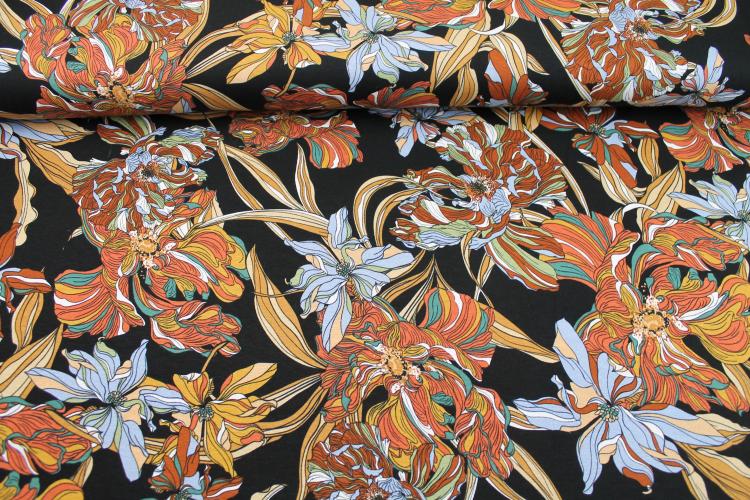 Viskosejersey "Wild Flowers" schwarz beige hellblau