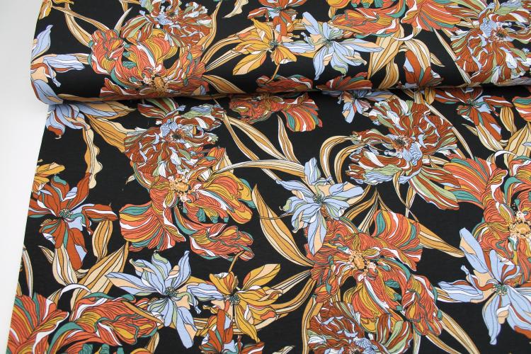 Viskosejersey "Wild Flowers" schwarz beige hellblau