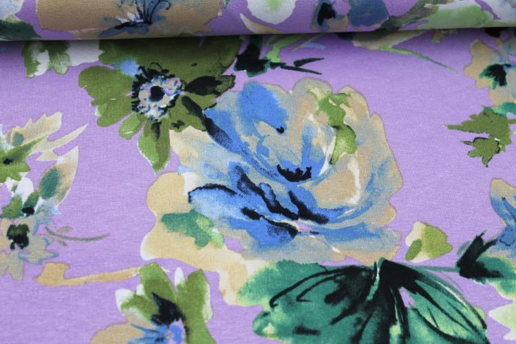 Viskosejersey "große Blumen" lila grün beige blau