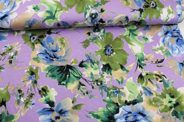 Viskosejersey "große Blumen" lila grün beige blau