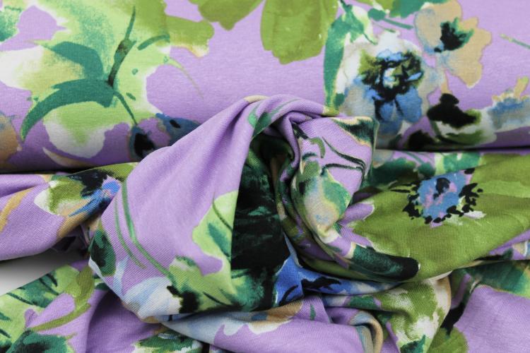Viskosejersey "große Blumen" lila grün beige blau