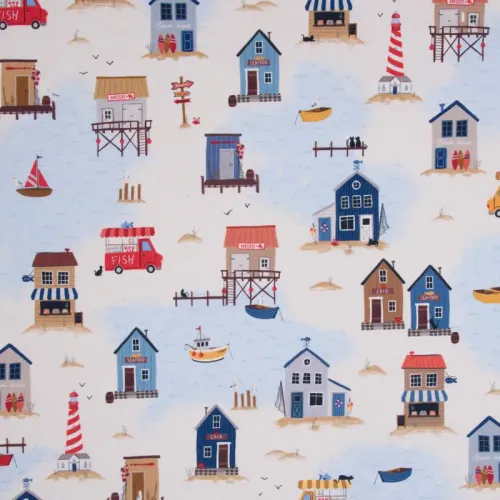 Baumwoll Canvas Stoff mit Strandhäusern und Leuchttürmen