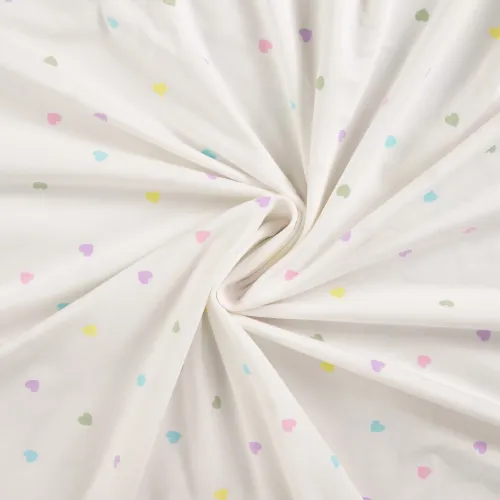 Jersey Stoff Herzen bunt weiß elastisch drapiert