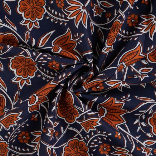 Luftiger Baumwollstoff dunkelblau orange floral gemustert