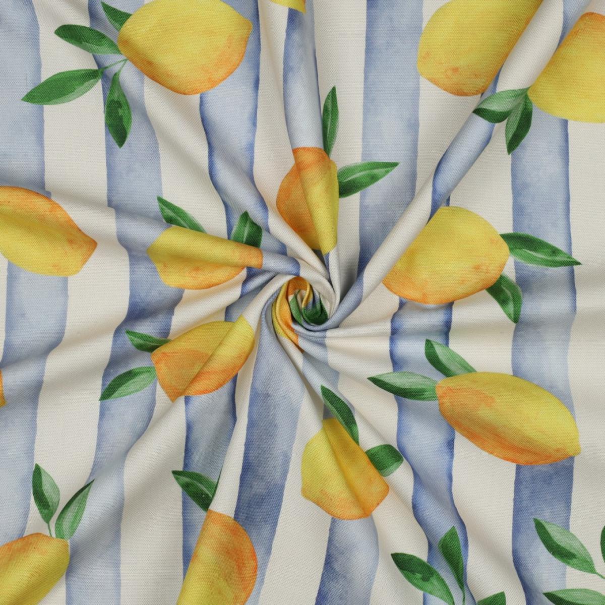 Canvas Stoff mit Zitronen und blau weißen Streifen als sommerliche Meterware