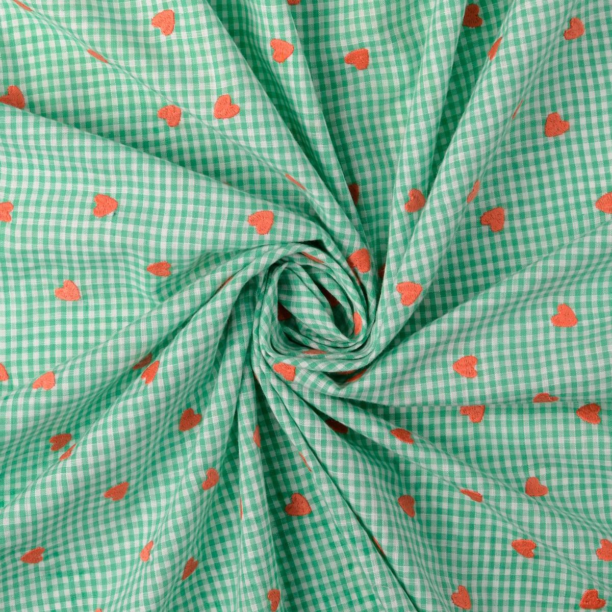 Baumwoll Voile kariert mint mit gestickten Herzen in Koralle