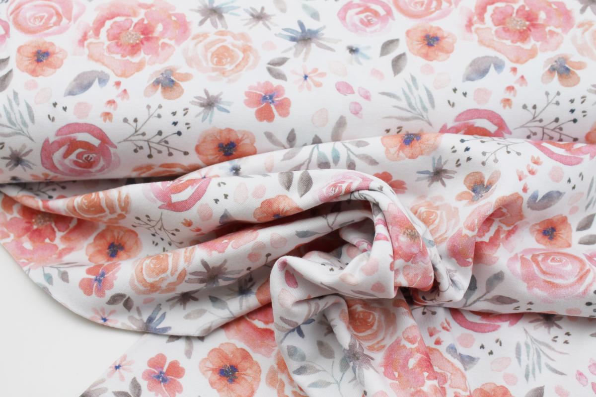 Jersey "Rosen" weiß mit rosa Rosenblüten