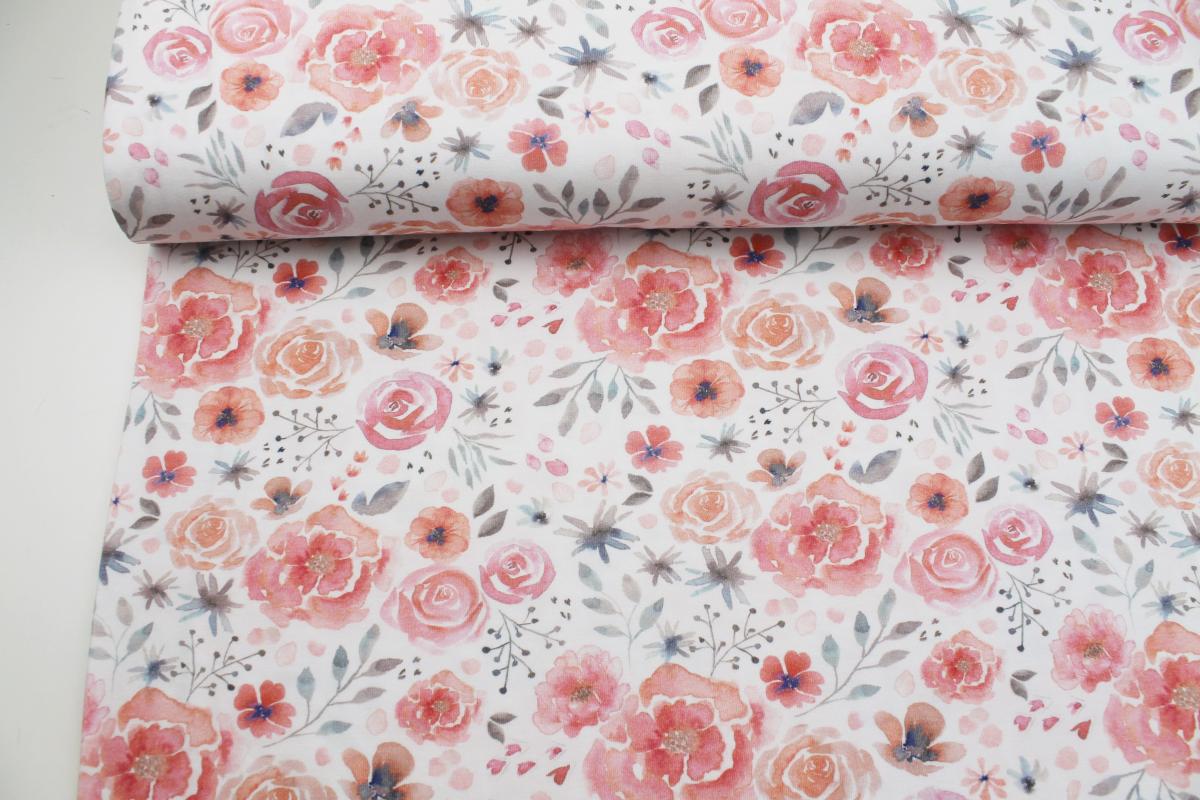 Jersey "Rosen" weiß mit rosa Rosenblüten