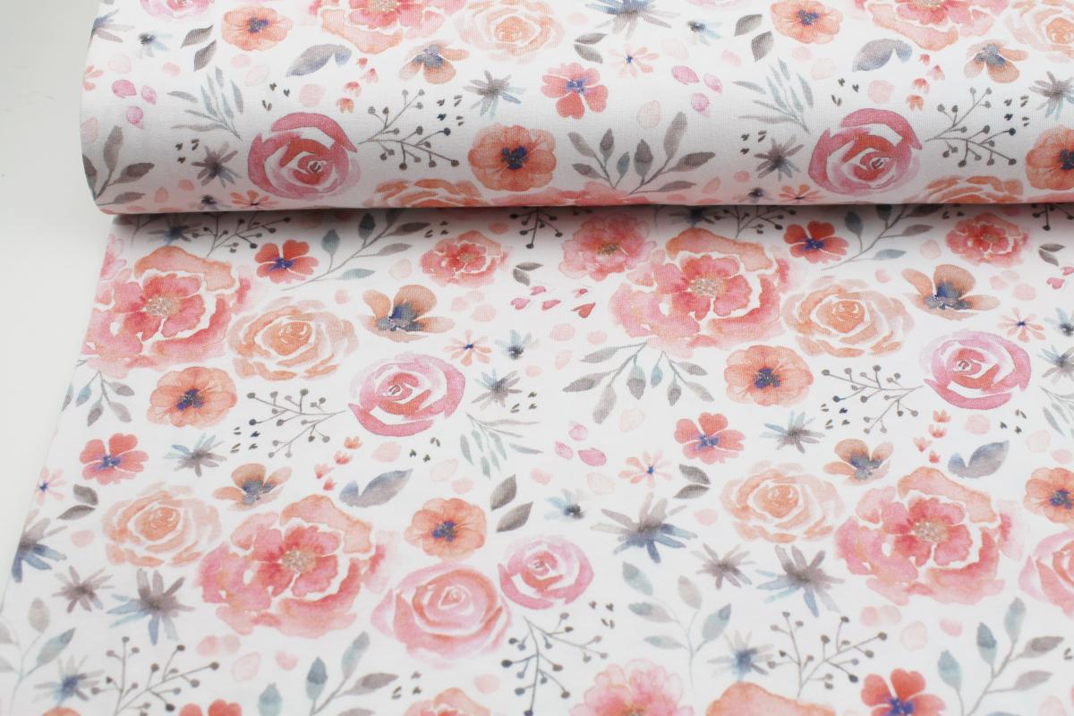 Jersey "Rosen" weiß mit rosa Rosenblüten