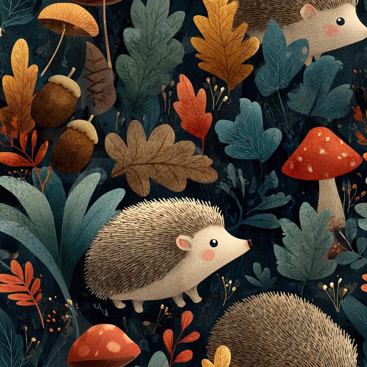 Igel Stoff Durchs Herbstlaub mit Herbstlaub, Eicheln und Fliegenpilzen auf schwarzem Hintergrund