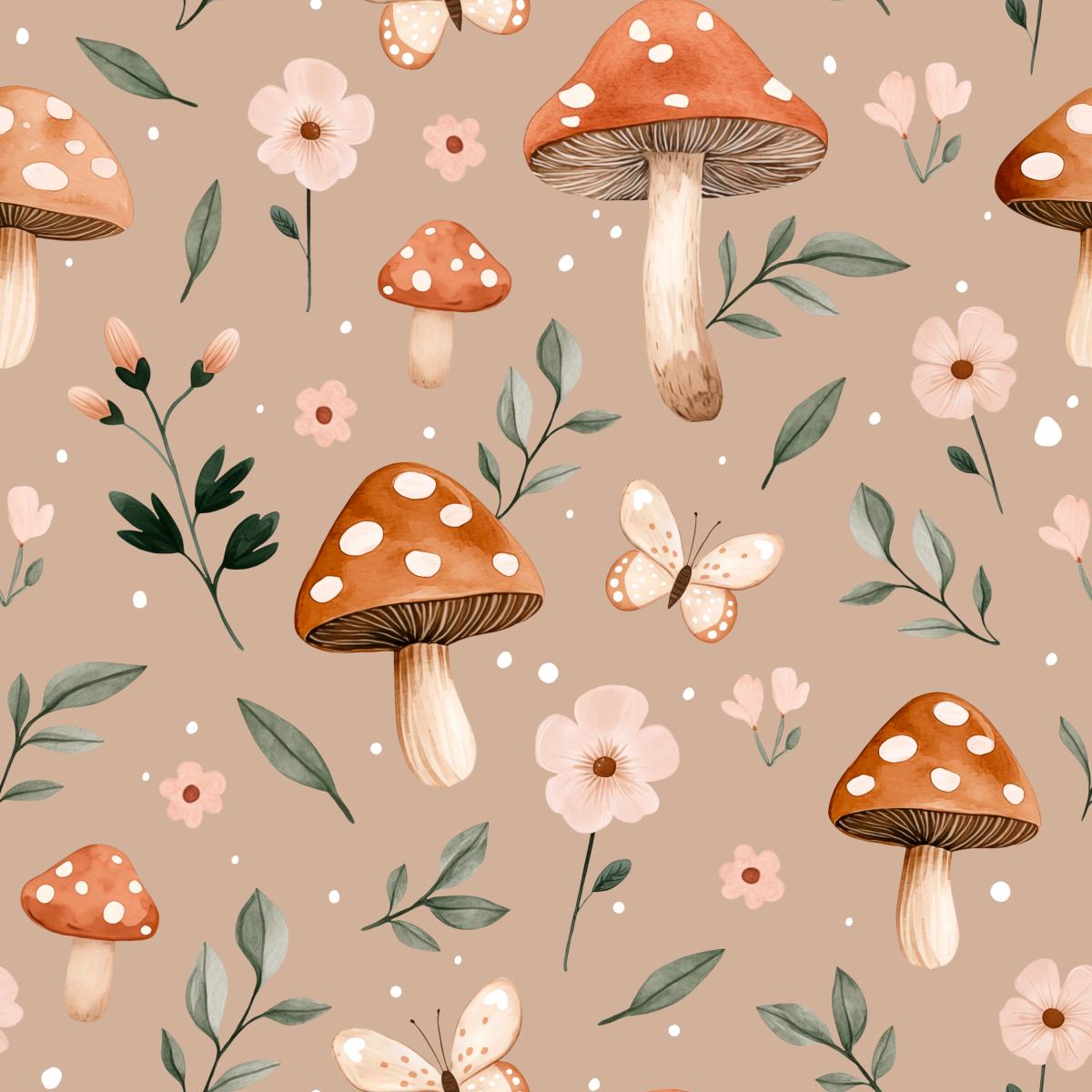 Pilz Stoff Pilzgeflüster Taupe mit Fliegenpilzen, rosa Blumen, Schmetterlingen und grünen Zweigen