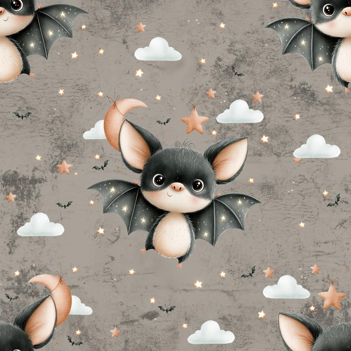 Fledermaus Stoff Finni mit niedlicher schwarzer Fledermaus, Sternen, Wolken und Mond auf grauem Hintergrund