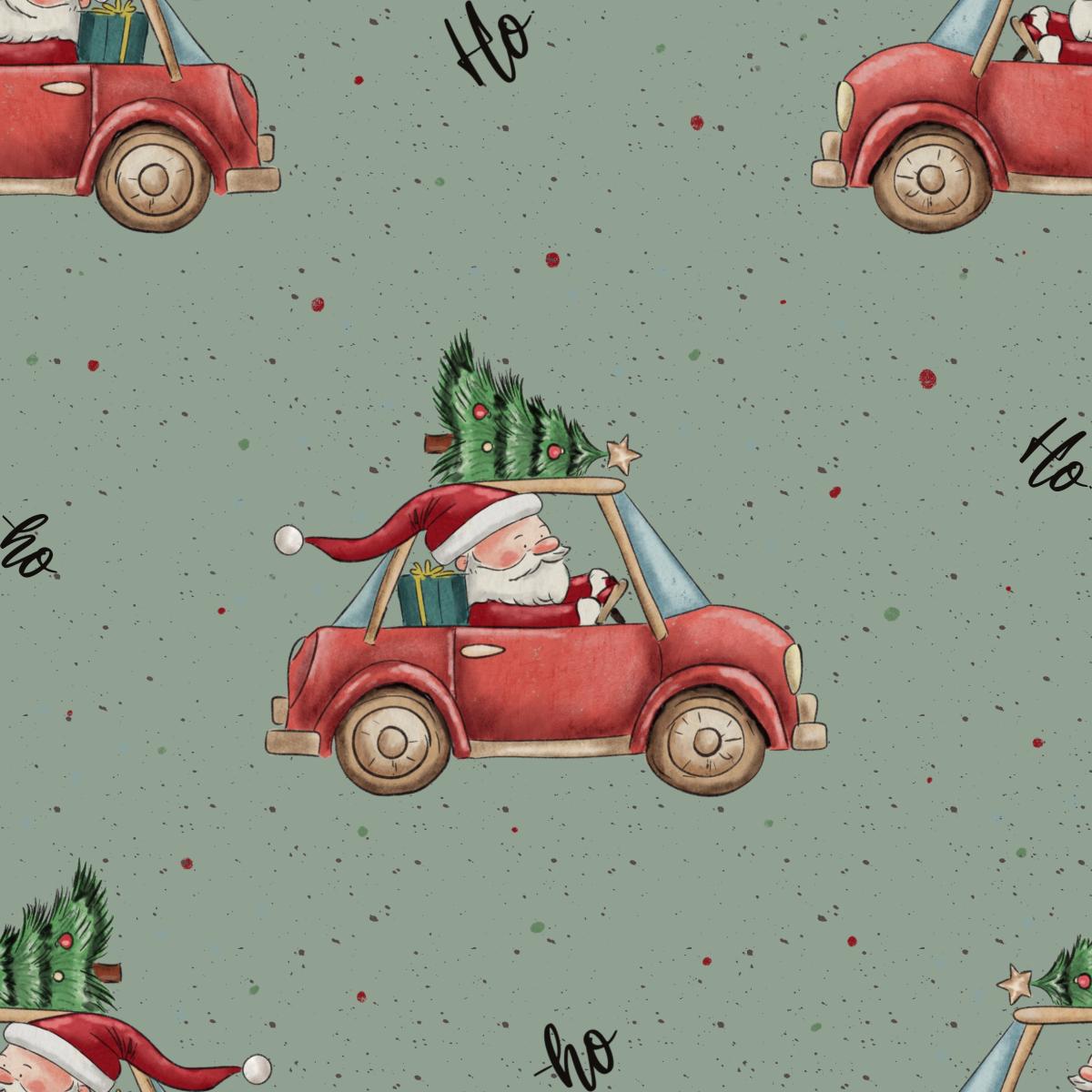 Bio Jersey & French Terry Weihnachtsmann auf Geschenketour – Weihnachtsstoff mit Weihnachtsmann im Auto