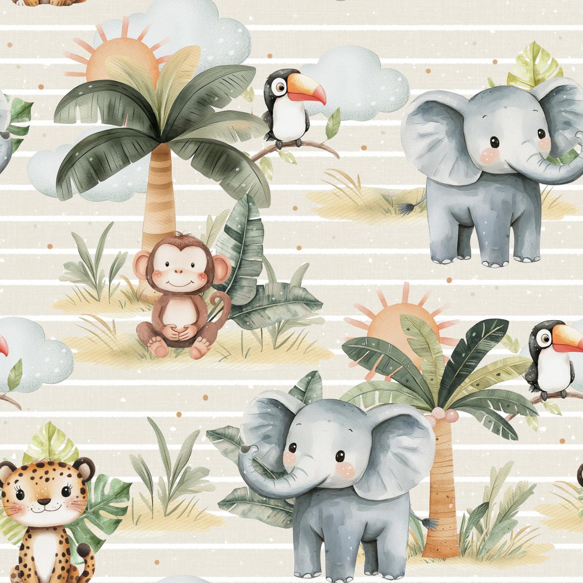 Savannenkinder Beige Bio Jersey und Bio French Terry mit Elefant, Affe, Tiger und Tukan