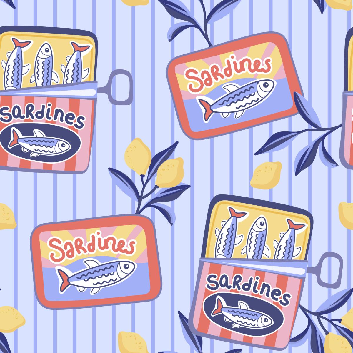 Sardinenliebe Veilchenblau Bio Jersey und Bio French Terry mit Sardinendosen und Zitronen