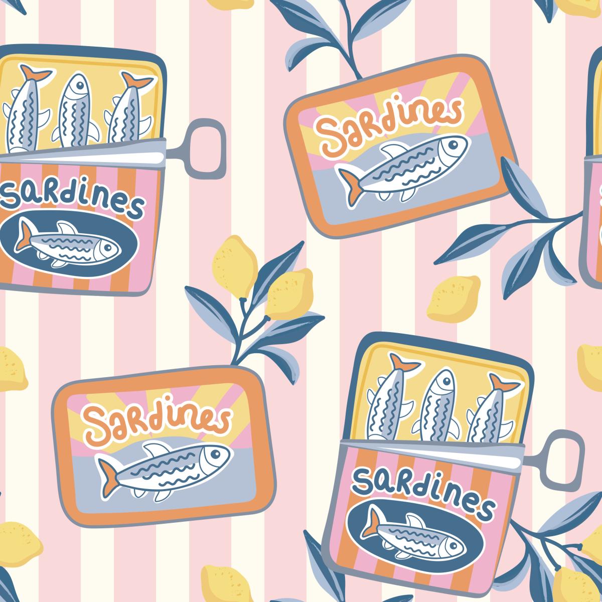 Sardinenliebe Veilchenblau Bio Jersey und Bio French Terry mit Sardinendosen und Zitronen