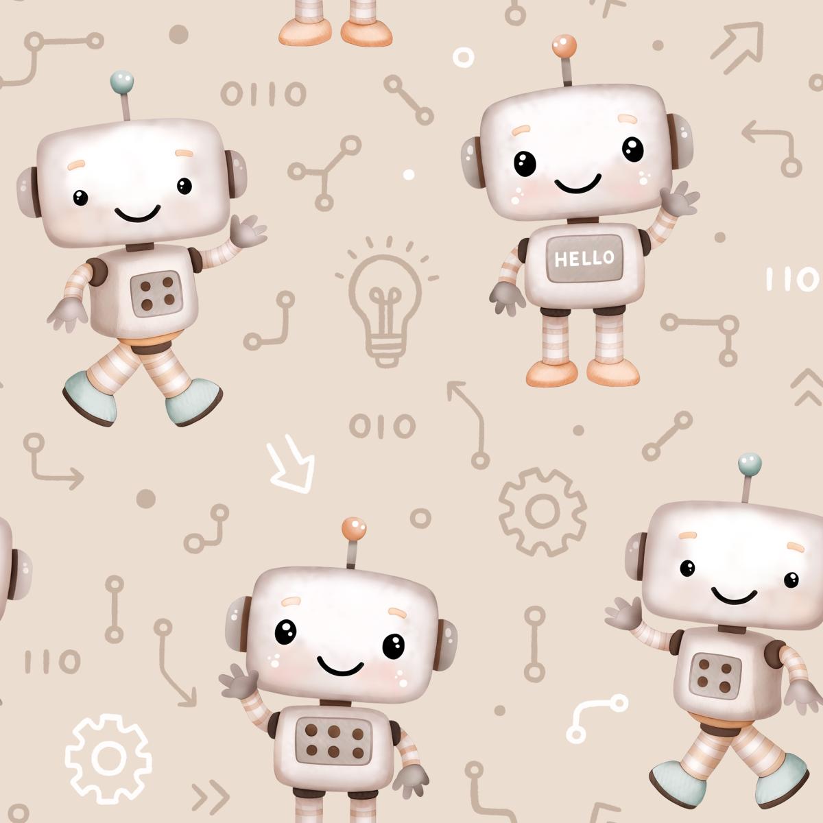 Roboterfreunde beige Bio Jersey und Bio French Terry mit niedlichen Robotern und technischen Symbolen