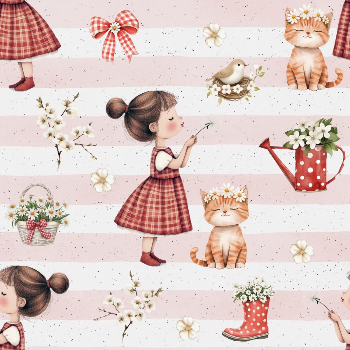 Pusteblumenmädchen Bio Jersey und Bio French Terry mit Mädchen, Katze und Frühlingsblüten