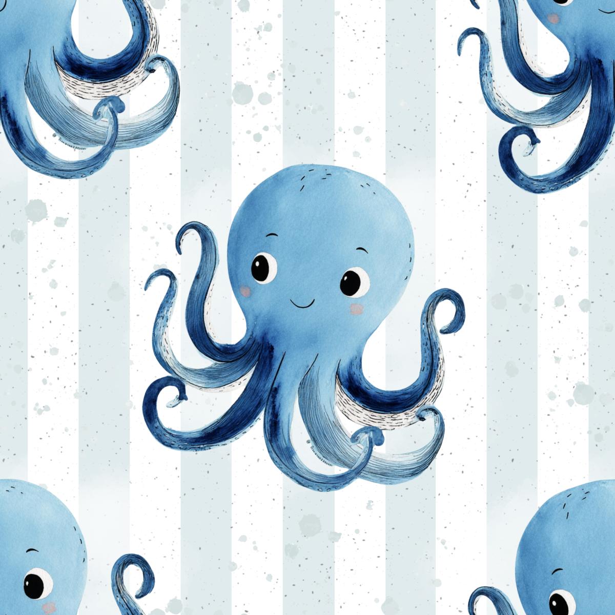 Oskar Oktopus Bio Jersey und Bio French Terry mit blauem Oktopus auf maritimen Streifen
