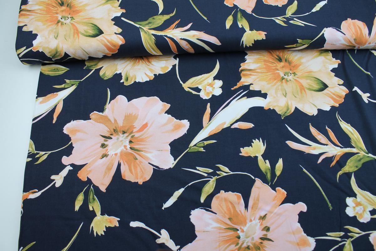 Viskose Twill "Big Flower" nachtblau Blumen apricot