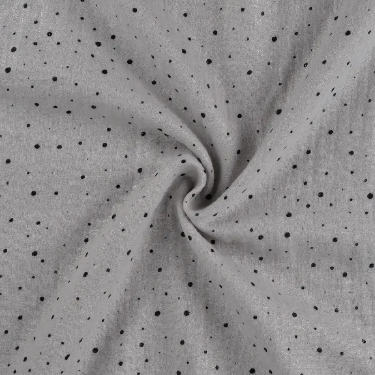 Musselin drapiert Schimmer silbergrau mit schwarzen Punkten