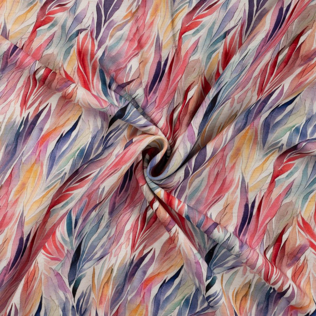 Viskose-Leinenstoff mit bunten Federn im Aquarellstil
