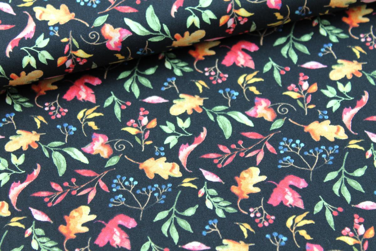 Patchworkbaumwolle „Autumn Day“ Blätter schwarz by Nancy Mink