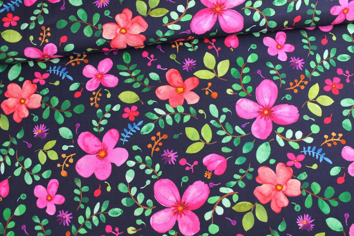 Patchworkbaumwolle "Blumen" - schwarz